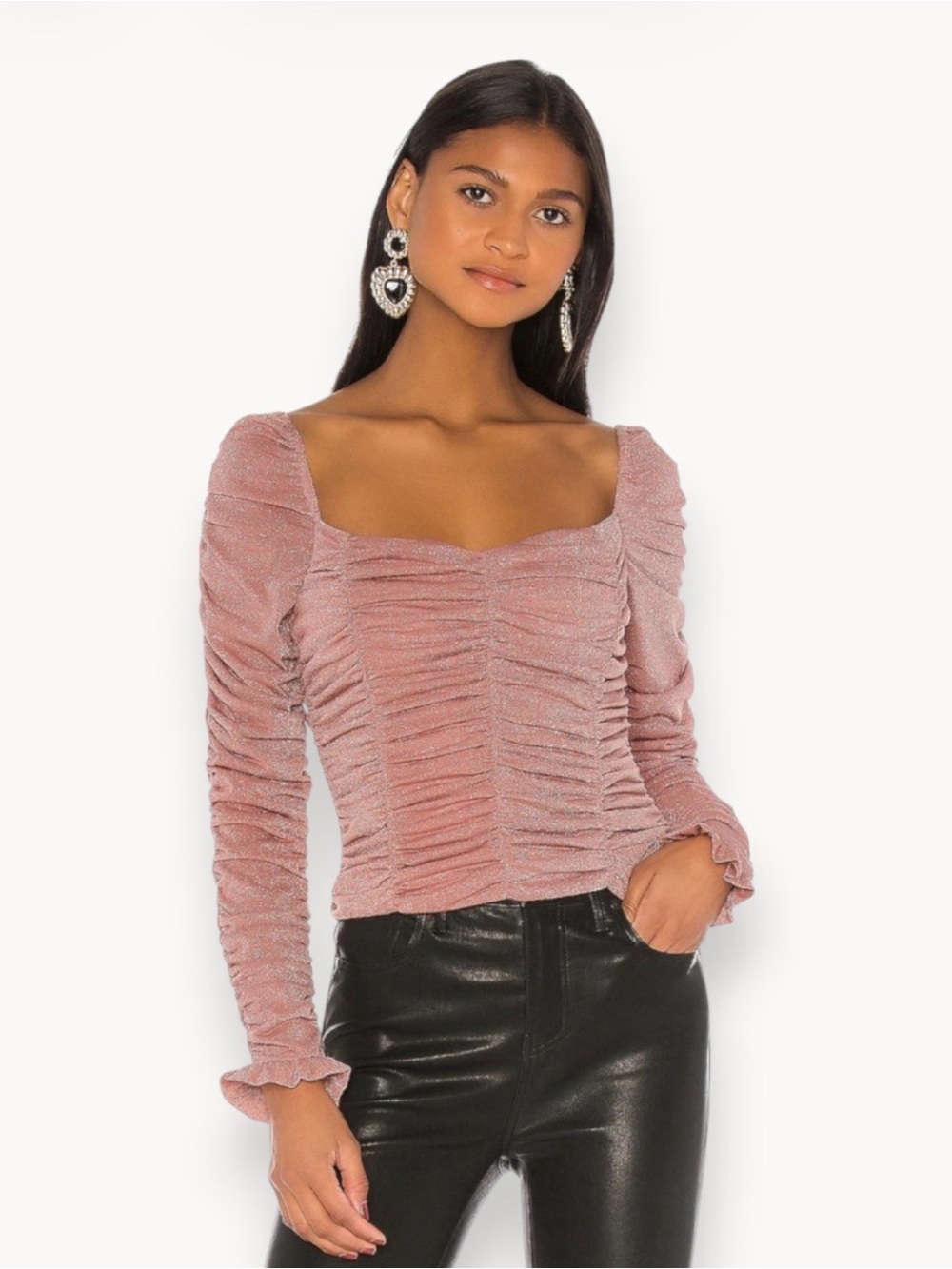 LPA Ruched Long-Sleeve Square Neck Top in Dusty Rose